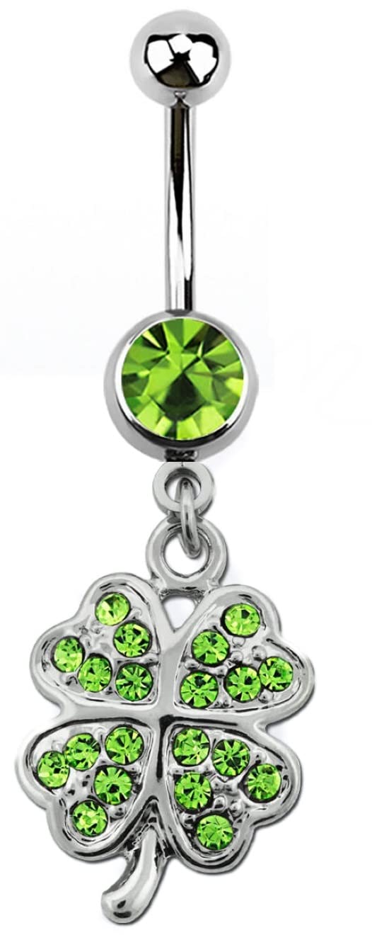 Body Accentz 316L surgical steel belly button ring 14g/1.6mm with an 8mm press fit gem and a multi gem 4 leaf clover shamrock Length 3/8"-10mm