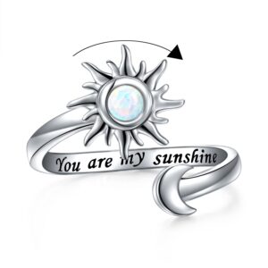 Anxiety Rings for Women S925 Sterling Silver Created Opal Sun and Moon Fidget Spinner Ring Adjustable Open End Engraved You are my Sunshine Spinner Gift for Her