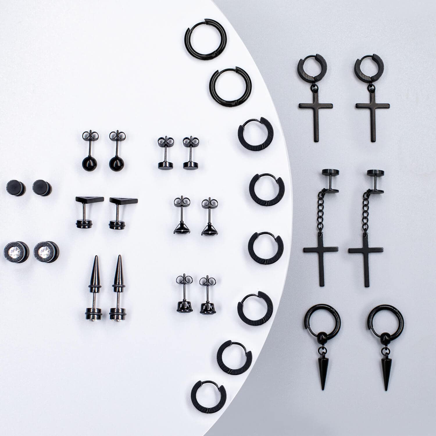 15 Pairs Earrings for Men, Black Stainless Steel Earrings Stud Kit for Men Women Fashion Piercing Jewelry Cross Dangle Hoop Earrings Set