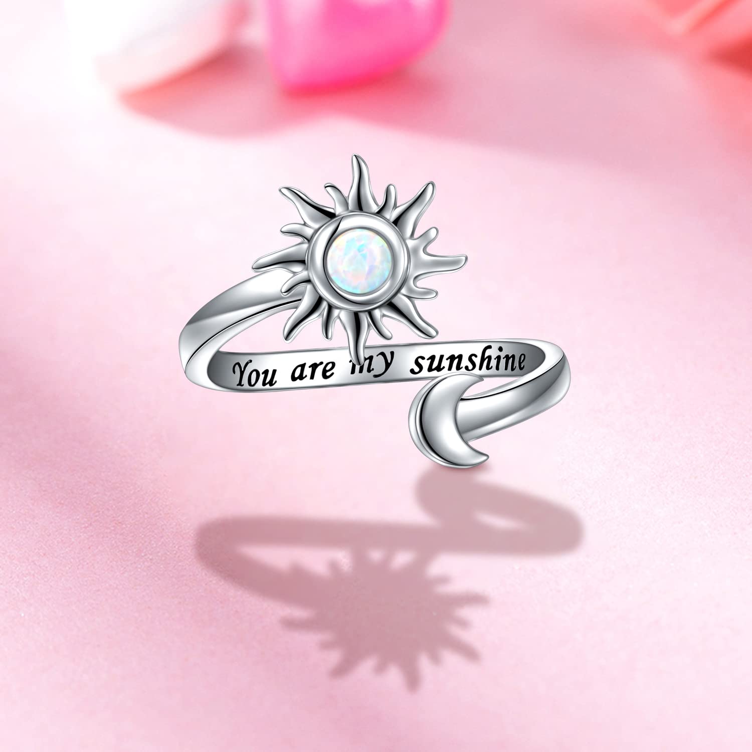 Anxiety Rings for Women S925 Sterling Silver Created Opal Sun and Moon Fidget Spinner Ring Adjustable Open End Engraved You are my Sunshine Spinner Gift for Her