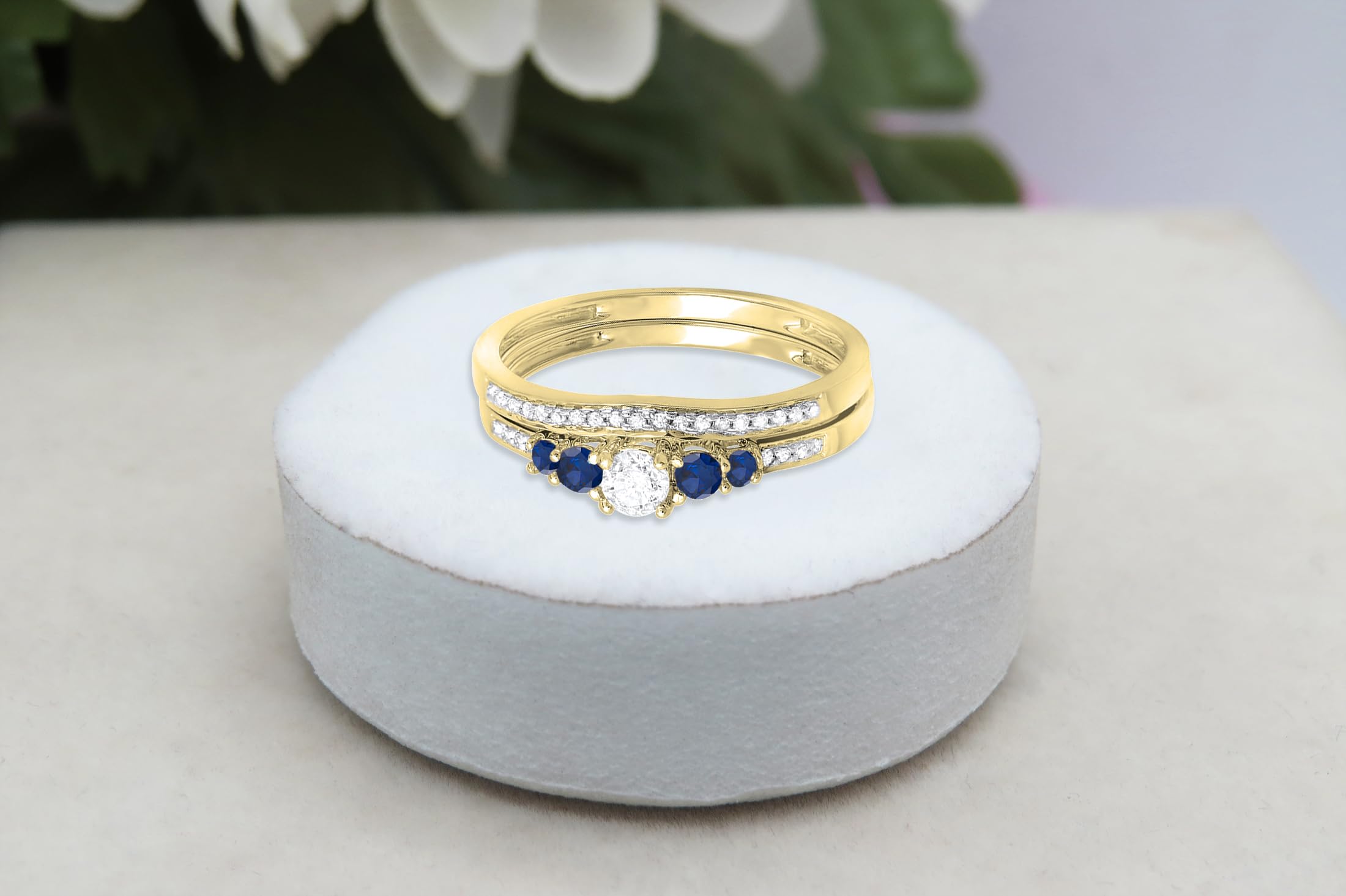 Dazzlingrock Collection Round Blue Sapphire & White Diamond Women 5 Stone Bridal Engagement Band Set in 14K Yellow Gold, Size 8