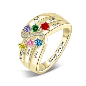 MissNaNa Personalized Mother Birthstone Ring with 1-6 Simulated CZ Birthstone Sterling Silver Mother Days Ring Custom Engraved Name Rings for Mom Grandma Women Her (6 stone)