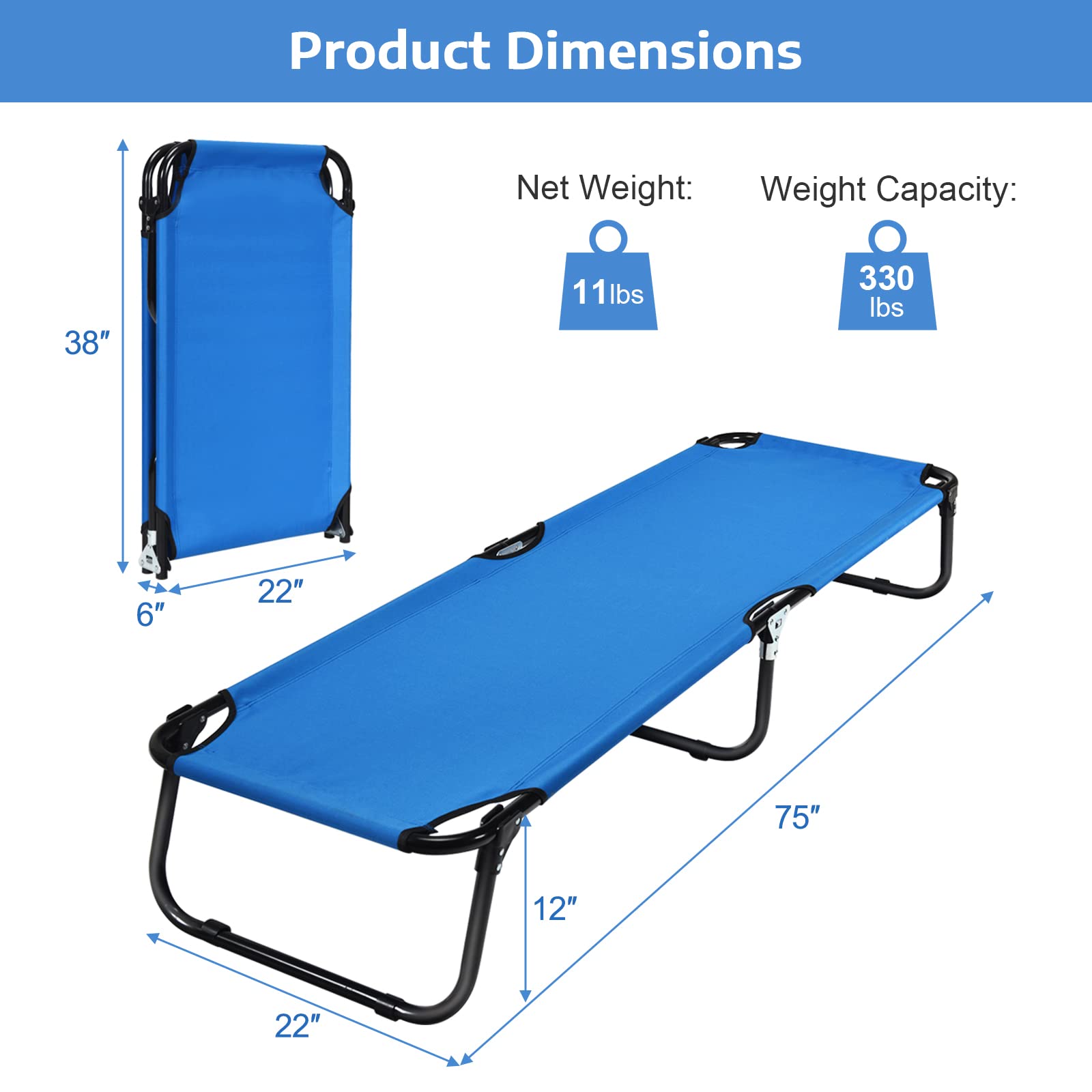 Tangkula Folding Camping Cot, Portable Camping Bed with Steel Frame, Elevated Travel Military Portable Cots Bed for Adults Kids, Indoor Outdoor Foldable Sleeping Cot for Nap, Beach, Hiking, Camping