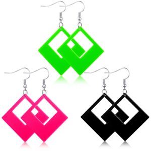 3 pairs women 80s earrings retro neon earrings halloween acrylic drop dangle earrings geometric square earrings for 1980s 80s party costume accessory