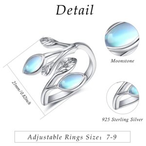 PRAYMOS 925 Sterling Silver Leaf Rings for Women Moonstone Ring Open Adjustable Wrap Rings Promise Engagement Wedding Rings