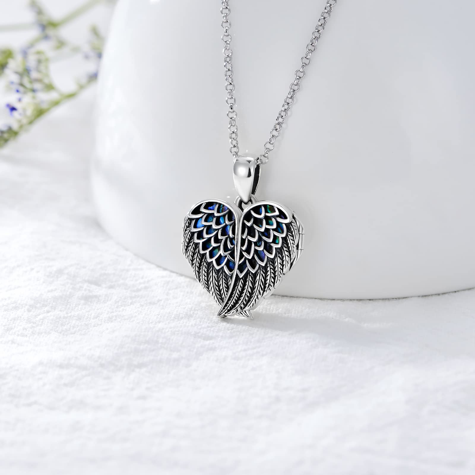 SOULMEET Angel Wing Heart Locket Necklace That Holds Picture Photo You are My Angel Sterling Silver Abalone Shell Locket Pendant (Locket only)