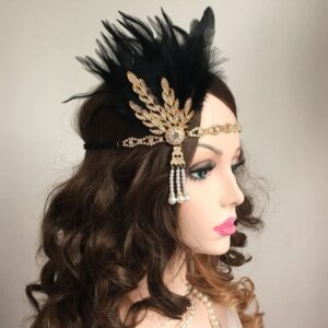 Aukmla 1920s Flapper Feather Headband Leaf Rhinestones Headpiece Pearl Headdress Hair Accessories for Women and Girls