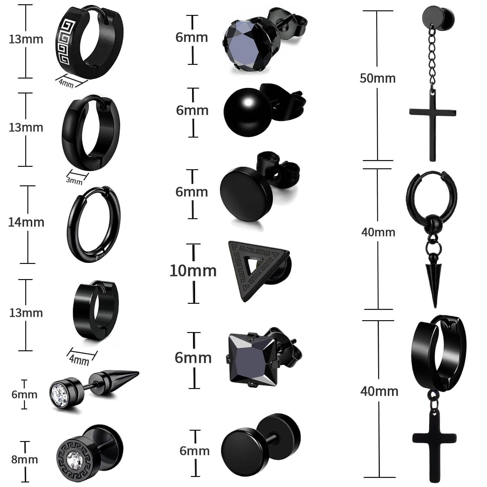 15 Pairs Earrings for Men, Black Stainless Steel Earrings Stud Kit for Men Women Fashion Piercing Jewelry Cross Dangle Hoop Earrings Set