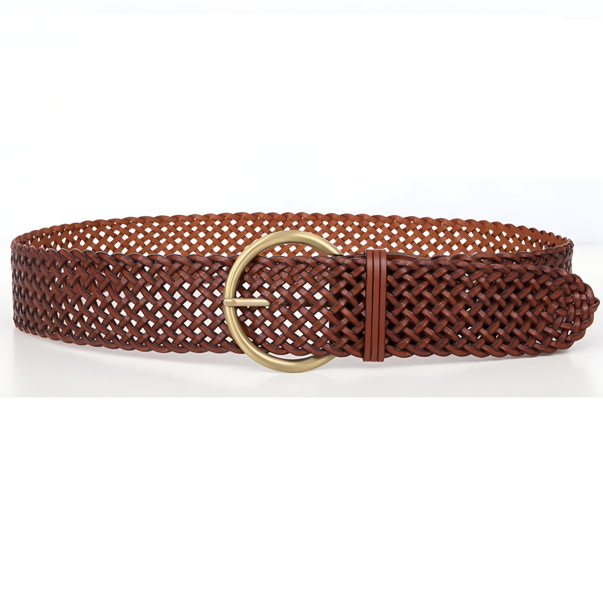 ANNULOYA 2 Inch Wide Leather Braided Belts for Women Hand Made Soft Woven Waistbands with Round Golden Pin Buckle (Brown)