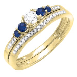 Dazzlingrock Collection Round Blue Sapphire & White Diamond Women 5 Stone Bridal Engagement Band Set in 14K Yellow Gold, Size 8