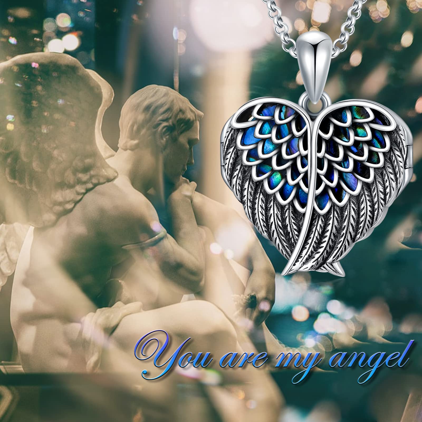 SOULMEET Angel Wing Heart Locket Necklace That Holds Picture Photo You are My Angel Sterling Silver Abalone Shell Locket Pendant (Locket only)