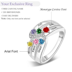 MissNaNa Personalized Mother Birthstone Ring with 1-6 Simulated CZ Birthstone Sterling Silver Mother Days Ring Custom Engraved Name Rings for Mom Grandma Women Her (6 stone)