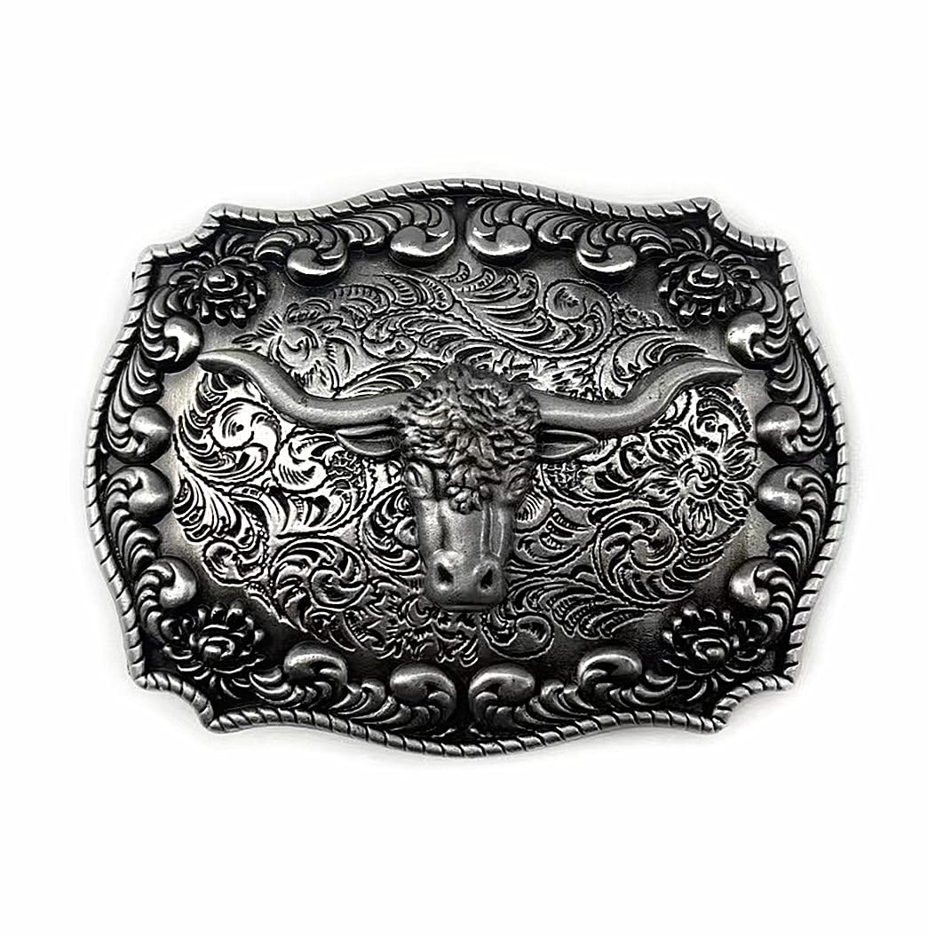 MULBA Vintage Style Alloy Belt Buckle American Cowboy Fashion Western 3D Engraved Cow Bull Head Belt Buckles (silver)