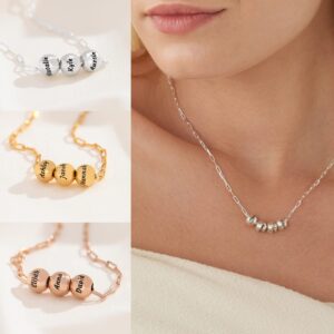 MYKA - Personalized Paperclip Link Chain Necklace With Up to 8 Ball Beads / Engrave Any Name / Diamond Option -Sterling Silver, Gold, Rose Gold / Customized Gift For Woman For Mother's Day, Birthday,