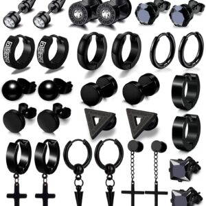 15 Pairs Earrings for Men, Black Stainless Steel Earrings Stud Kit for Men Women Fashion Piercing Jewelry Cross Dangle Hoop Earrings Set