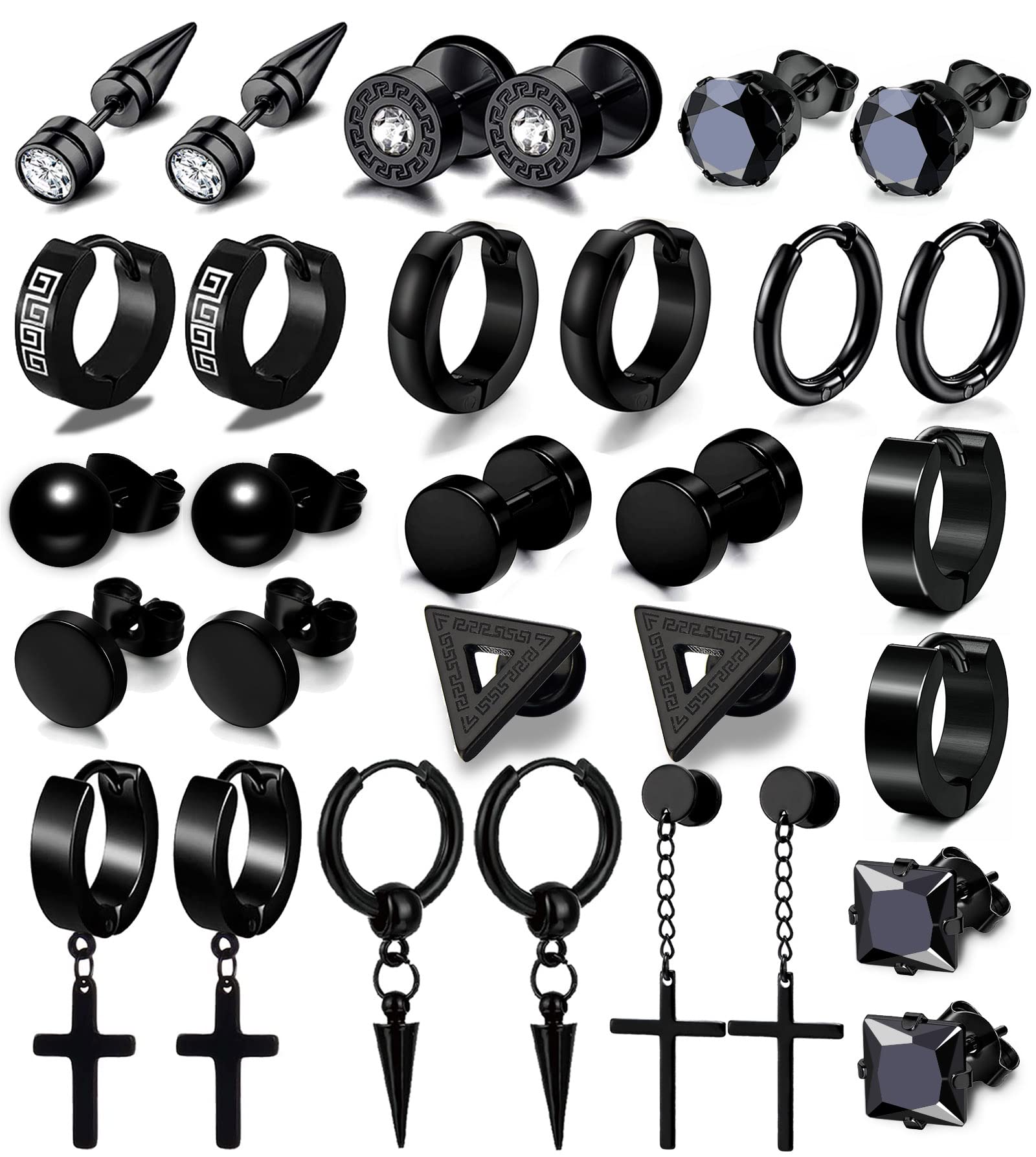 15 Pairs Earrings for Men, Black Stainless Steel Earrings Stud Kit for Men Women Fashion Piercing Jewelry Cross Dangle Hoop Earrings Set