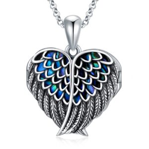 SOULMEET Angel Wing Heart Locket Necklace That Holds Picture Photo You are My Angel Sterling Silver Abalone Shell Locket Pendant (Locket only)