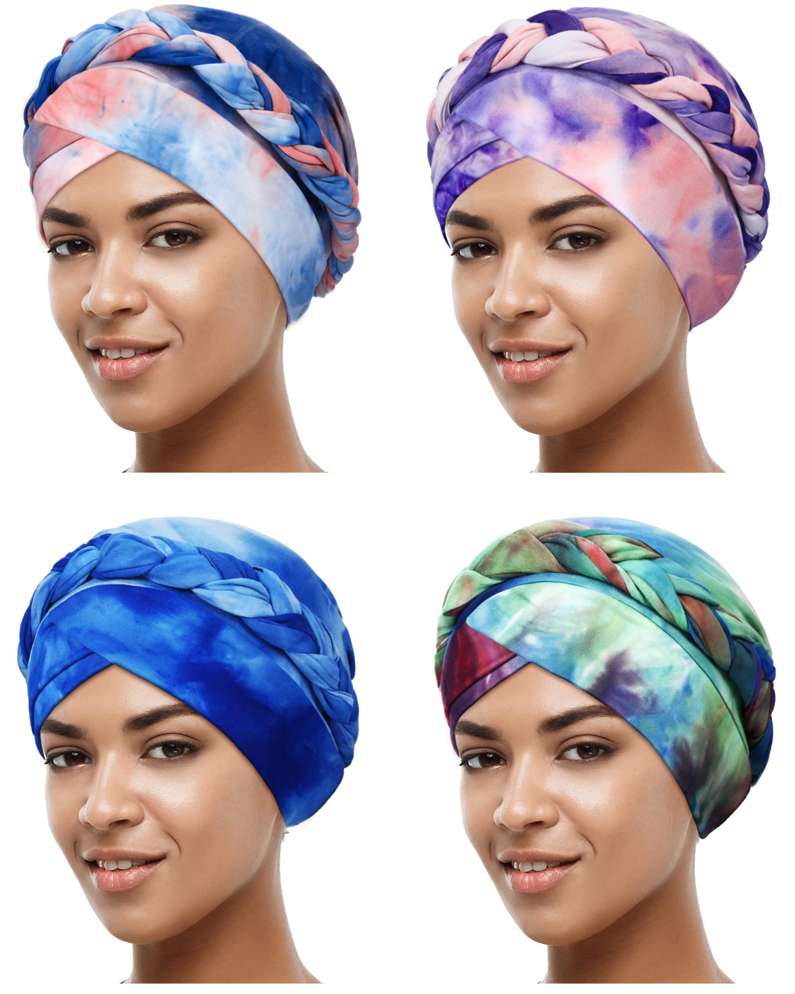 4 Pieces African Women Turban Cap Head Wraps Beaded Headscarf Beanie Wrap