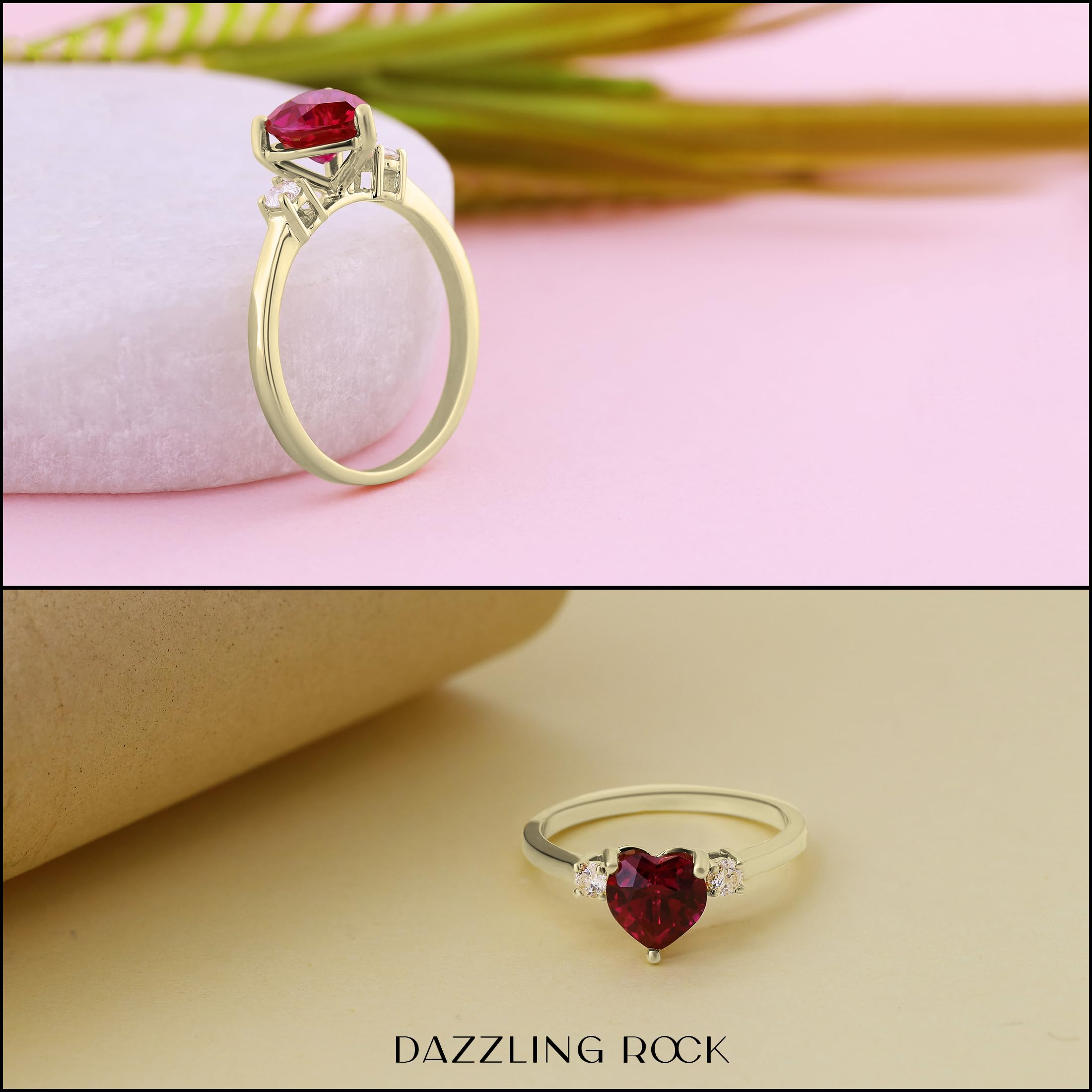 Dazzlingrock Collection 10K 7 MM Heart Lab Created Ruby & Round Diamond Women 3 Stone Ring, Yellow Gold, Size 8