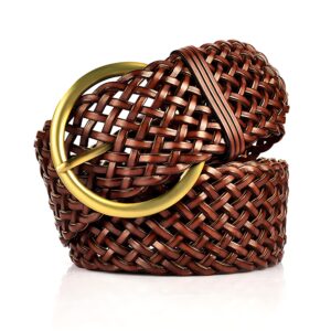 annuloya 2 inch wide leather braided belts for women hand made soft woven waistbands with round golden pin buckle (brown)