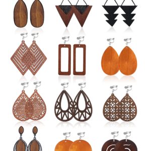 PATISORNA 12 Pairs Wooden Clip on Earrings for Women African Natural Wooden Dangle Earrings Lightweight Drop Earrings Ethnic Statement Drop Earrings Set Style A