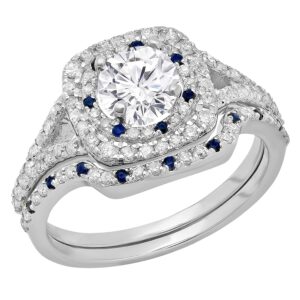 dazzlingrock collection 6.5 mm center round moissanite, blue sapphire & white diamond bridal split shank engagement ring set, 14k white gold, size 8