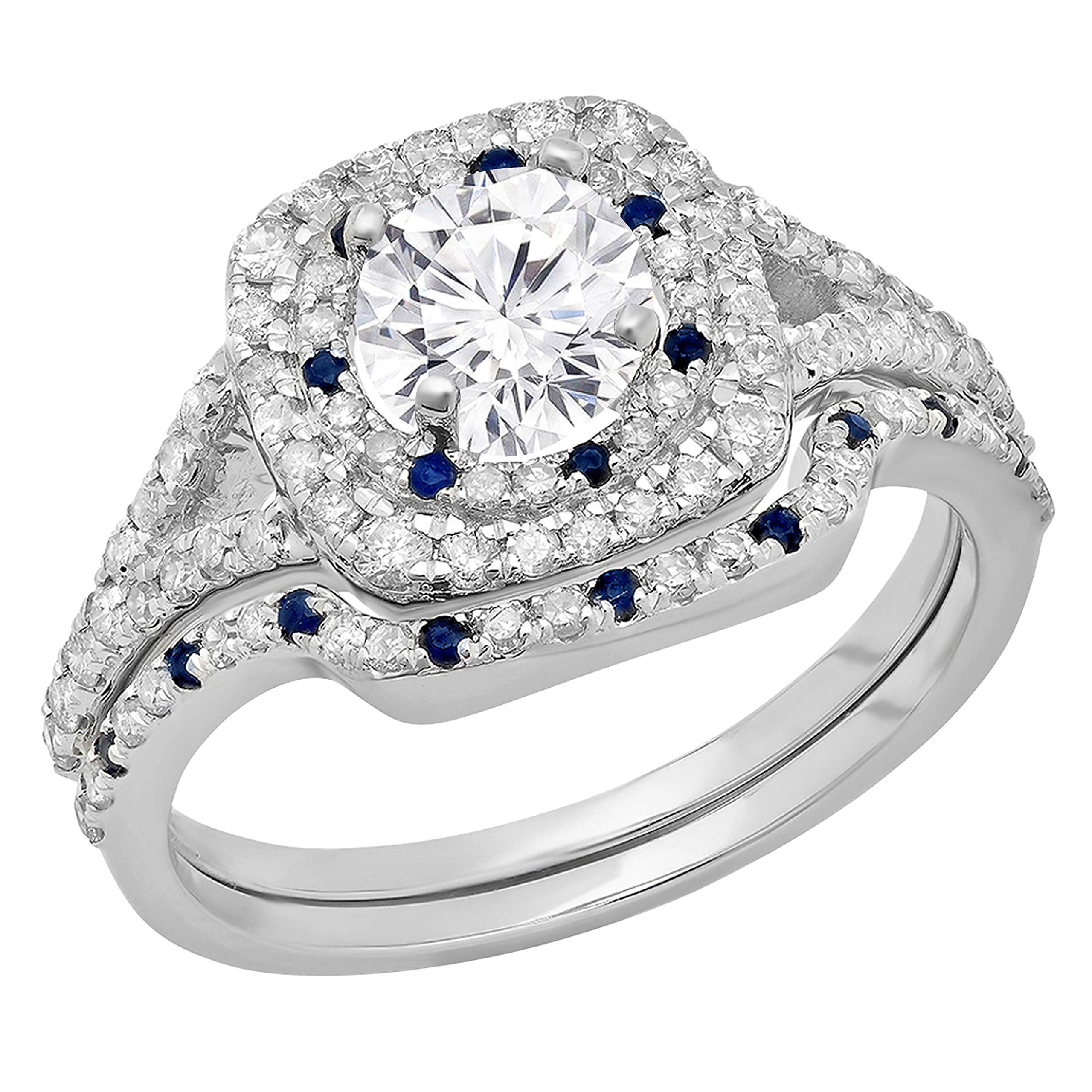 Dazzlingrock Collection 6.5 mm Center Round Moissanite, Blue Sapphire & White Diamond Bridal Split Shank Engagement Ring Set, 14K White Gold, Size 8