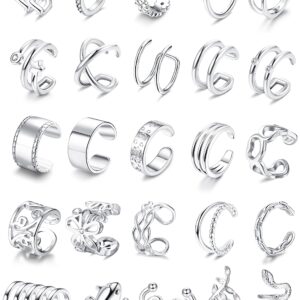 FASACCO 25PCS Women Clip on Cartilage Helix Wrap Earrings Adjustable Ear Clip Non-Piercing Ear Cuff, Silver