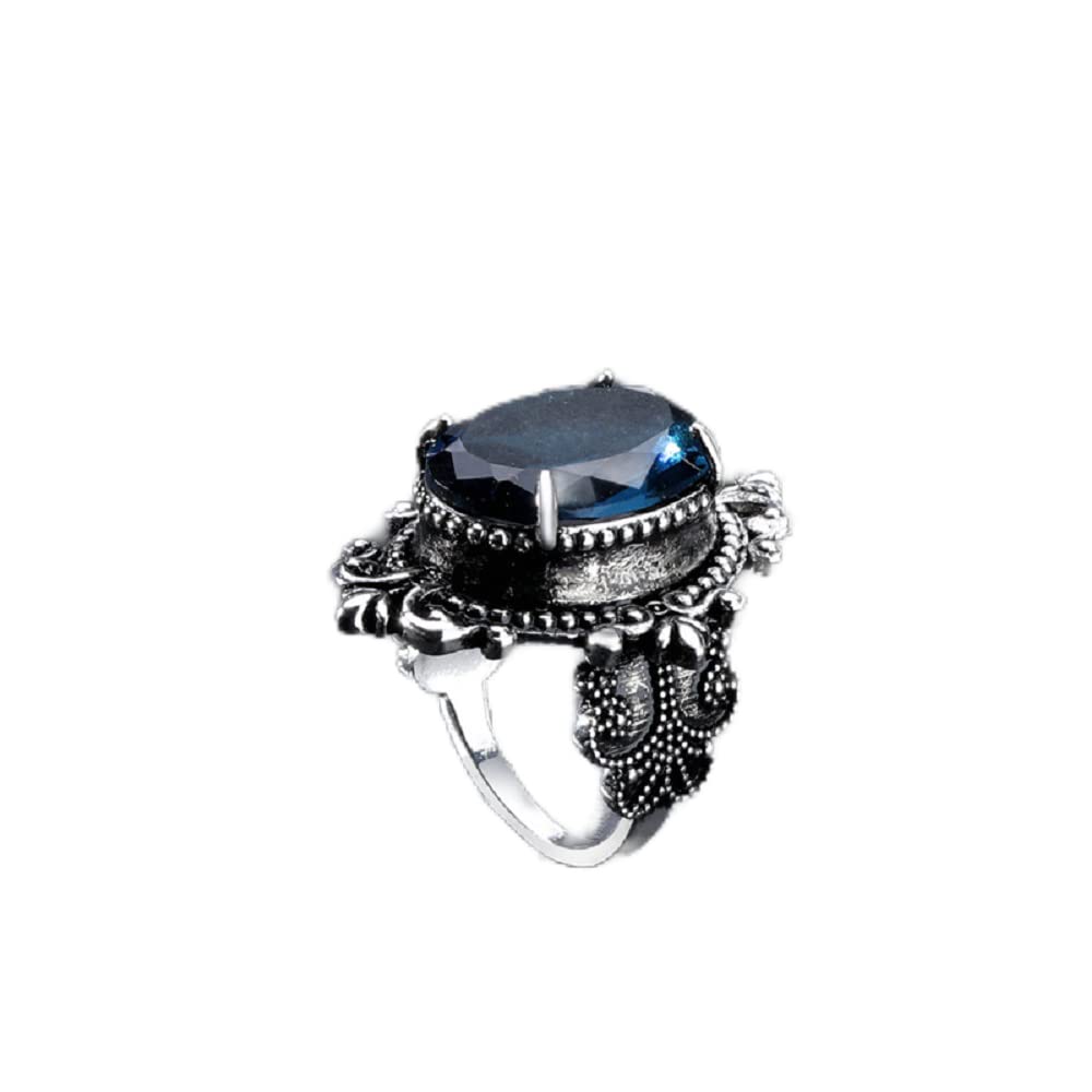 COSJOOHY Vintage Ring 925 Sterling Silver Oval Cushion Cut Gemstone Dark Blue Topaz Ring Statement Ring Navy Gemstone Ring Women Jewelry Elegant Wedding Ring (10)