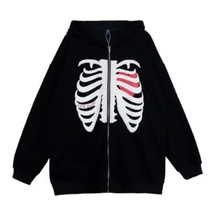 zhuiming Skeleton Zip Up Hoodie for Women Y2k Oversized Skull Graphic Zipper Hooded Jackets Sweatshirts Tops Cute Stuff for Teen Girls Alt Clothing Indie Aesthetic Fairy Grunge Emo Preppy Clothes