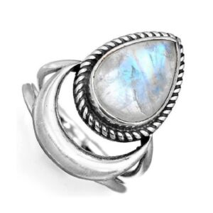 Awmnjtmgpw 925 Sterling Silver Rainbow Moonstone Moon Women's Retro Ring Creative Tear Shaped Water Drop Crescent Punk Ring Size 6-10 (Size 9)