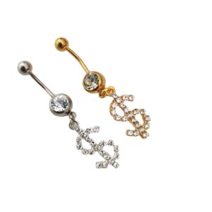 Rhinestone Dollar Sign Belly Button Ring Summer Navel Piercing Dangle Belly Button Rings Bars Bikini Waist Body Jewelry for Women (Silver)