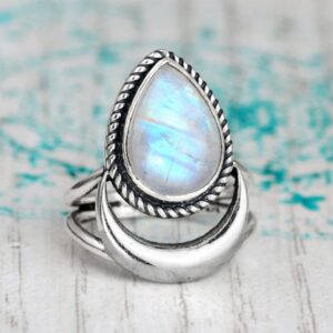 Awmnjtmgpw 925 Sterling Silver Rainbow Moonstone Moon Women's Retro Ring Creative Tear Shaped Water Drop Crescent Punk Ring Size 6-10 (Size 9)