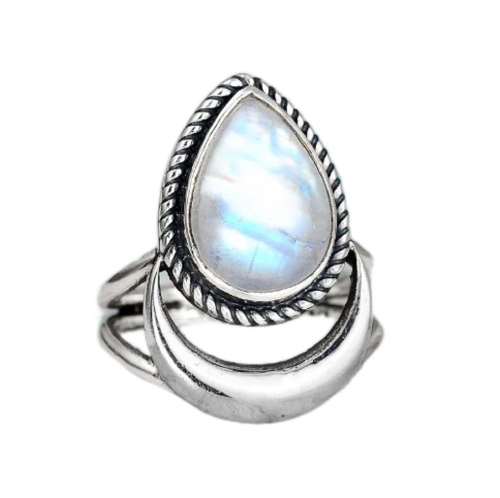 Awmnjtmgpw 925 Sterling Silver Rainbow Moonstone Moon Women's Retro Ring Creative Tear Shaped Water Drop Crescent Punk Ring Size 6-10 (Size 9)