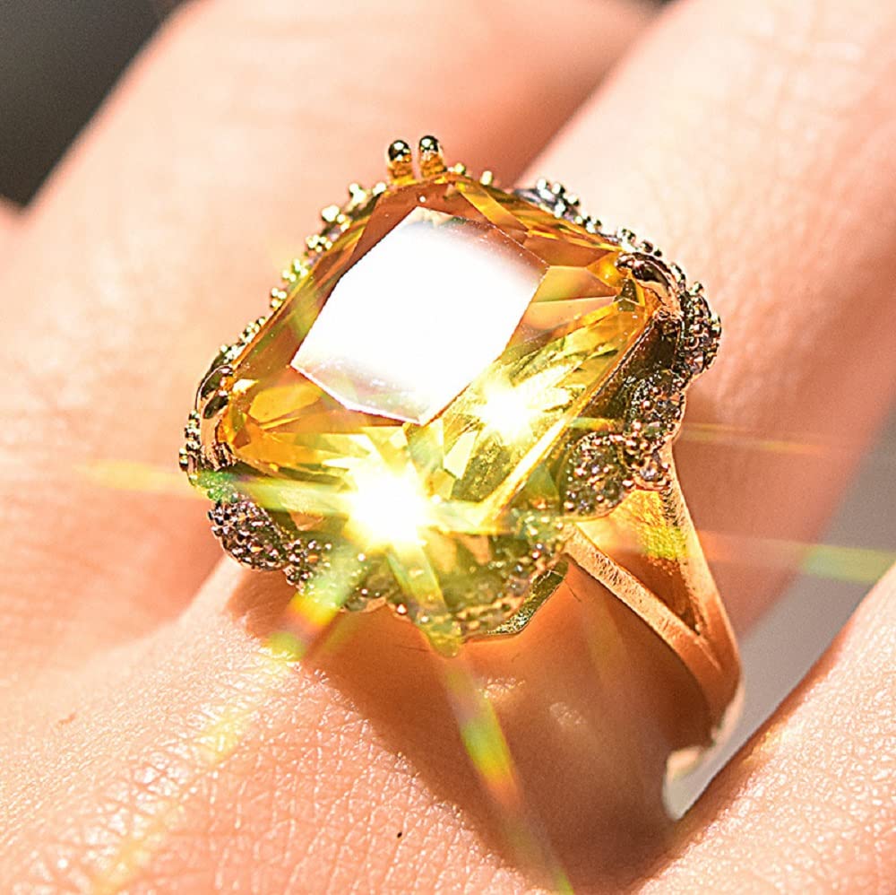 925 Sterling Silver Set Champagne Square Diamond Ring Fashion Citrine Gold Plated Gemstone Ring Yellow Diamond Ring Princess Cut Cubic Zirconia Citrine Ring Wedding Ring Size 6-10 570 (8)