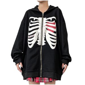 zhuiming Skeleton Zip Up Hoodie for Women Y2k Oversized Skull Graphic Zipper Hooded Jackets Sweatshirts Tops Cute Stuff for Teen Girls Alt Clothing Indie Aesthetic Fairy Grunge Emo Preppy Clothes