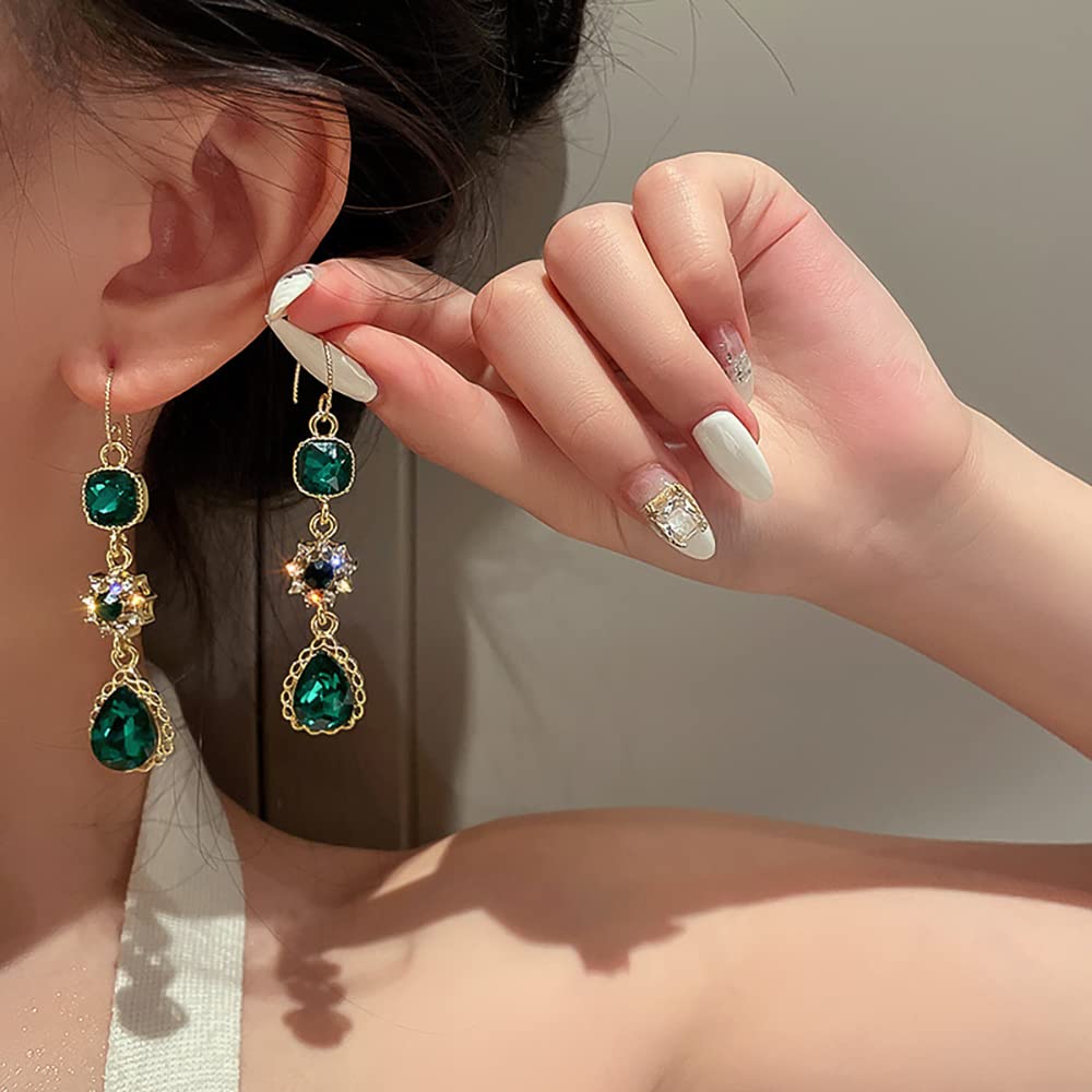 Girlssory Emerald Green Earrings Emerald Green Crystal Dangle Earring Drop Earrings Wedding Bridal Jewelry for Women (Style 2)