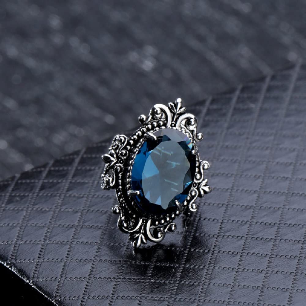 COSJOOHY Vintage Ring 925 Sterling Silver Oval Cushion Cut Gemstone Dark Blue Topaz Ring Statement Ring Navy Gemstone Ring Women Jewelry Elegant Wedding Ring (10)