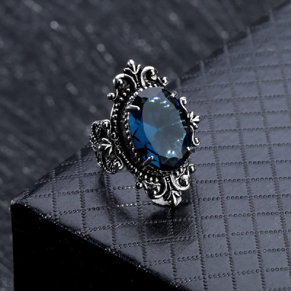 COSJOOHY Vintage Ring 925 Sterling Silver Oval Cushion Cut Gemstone Dark Blue Topaz Ring Statement Ring Navy Gemstone Ring Women Jewelry Elegant Wedding Ring (10)