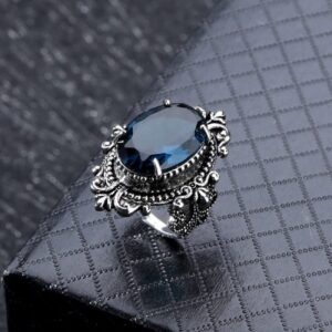 COSJOOHY Vintage Ring 925 Sterling Silver Oval Cushion Cut Gemstone Dark Blue Topaz Ring Statement Ring Navy Gemstone Ring Women Jewelry Elegant Wedding Ring (10)