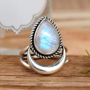 Awmnjtmgpw 925 Sterling Silver Rainbow Moonstone Moon Women's Retro Ring Creative Tear Shaped Water Drop Crescent Punk Ring Size 6-10 (Size 9)