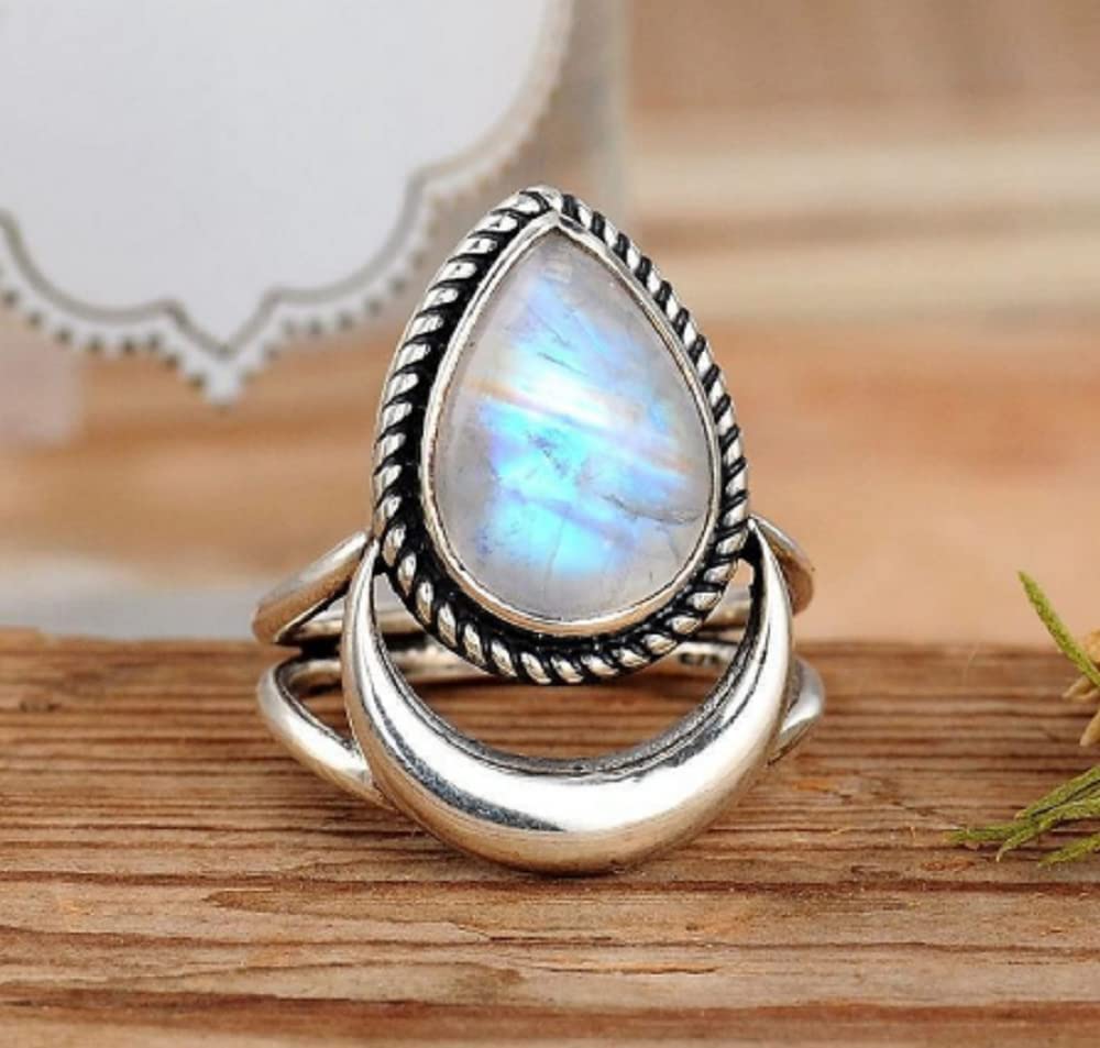 Awmnjtmgpw 925 Sterling Silver Rainbow Moonstone Moon Women's Retro Ring Creative Tear Shaped Water Drop Crescent Punk Ring Size 6-10 (Size 9)