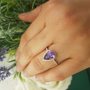 Dazzlingrock Collection 10X7 MM Pear Amethyst & Round White Diamond Engagement Ring for Women Sterling Silver, Size 5.5