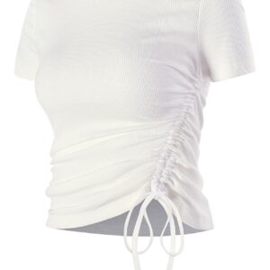 Athletic Tops for Women Short Sleeve,Workout Crop Top Fitted Yoga Shirt Drawstring Side Ruched(Off White-047,M)