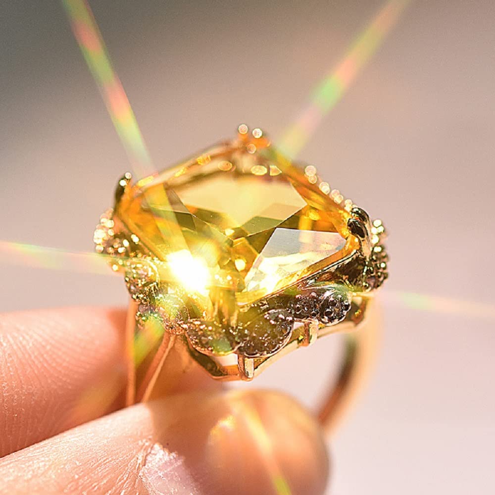 925 Sterling Silver Set Champagne Square Diamond Ring Fashion Citrine Gold Plated Gemstone Ring Yellow Diamond Ring Princess Cut Cubic Zirconia Citrine Ring Wedding Ring Size 6-10 570 (8)