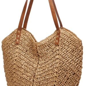 Summer Casual Straw Tote Bag Large Capacity Woven Shoulder Handbag for Summer Beach Vocation (A-Khaki)