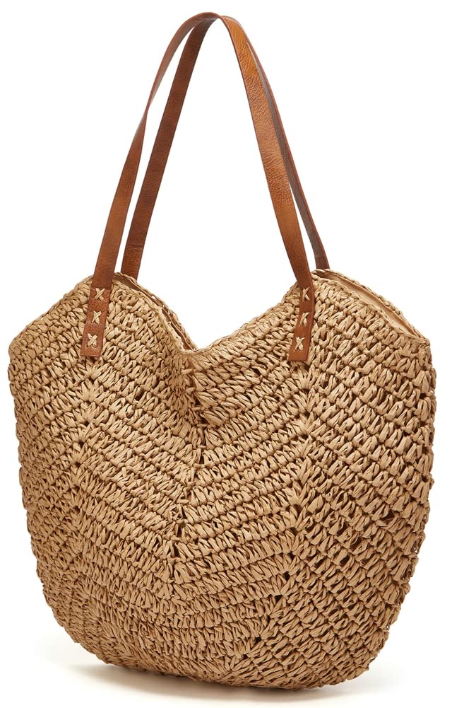 Summer Casual Straw Tote Bag Large Capacity Woven Shoulder Handbag for Summer Beach Vocation (A-Khaki)