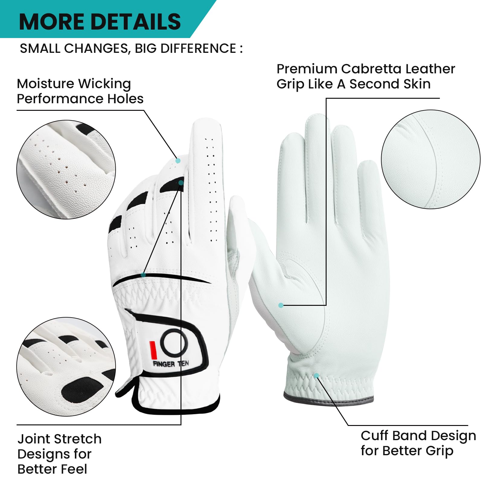 FINGER TEN Golf Gloves Men Left Right Hand Handed Golfer Value Pack (6 Pack, Small, Left)