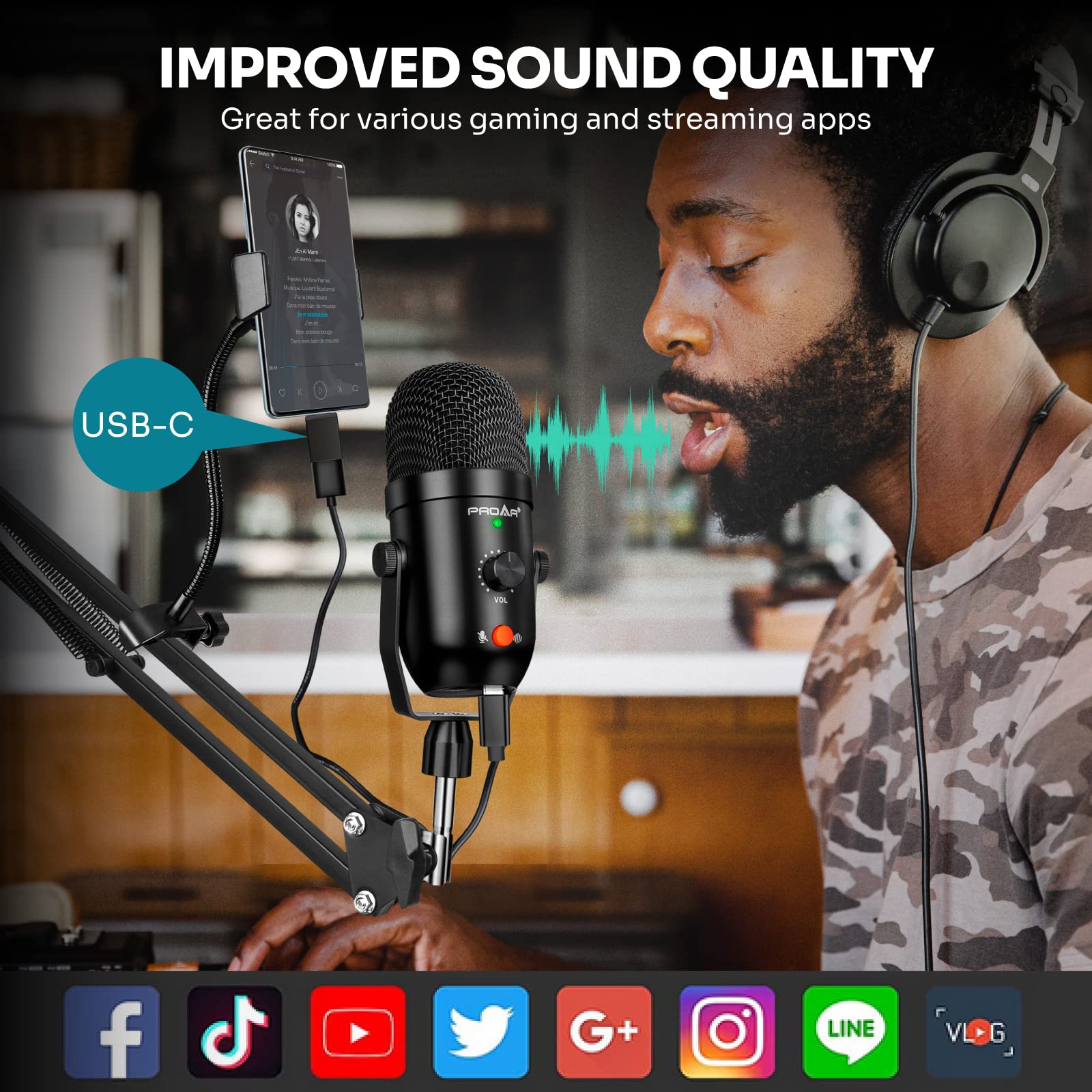 USB Microphone for PC Computer PS4 Cardioid Condenser ASMR Microphone Kit Metal Podcast Microphone for Streaming Gaming Studio Video Recording YouTube Noise Cancelling Mic Kit for Laptop,Phone,Mac