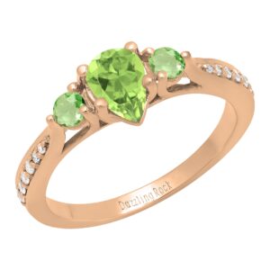 Dazzlingrock Collection 7x5mm Pear & Round Peridot with White Diamond 3 Stone Engagement Ring for Women in 10K Rose Gold, Size 7.5